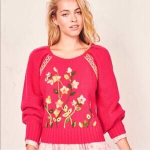 LoveShackFancy Jailynne Embroidered Floral Pullover Sweater Magenta Pink Size XS